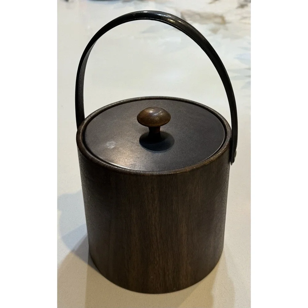 Vintage‎ Irvinware MCM Ice Bucket Faux Leather Wood Grain Lidded USA Made